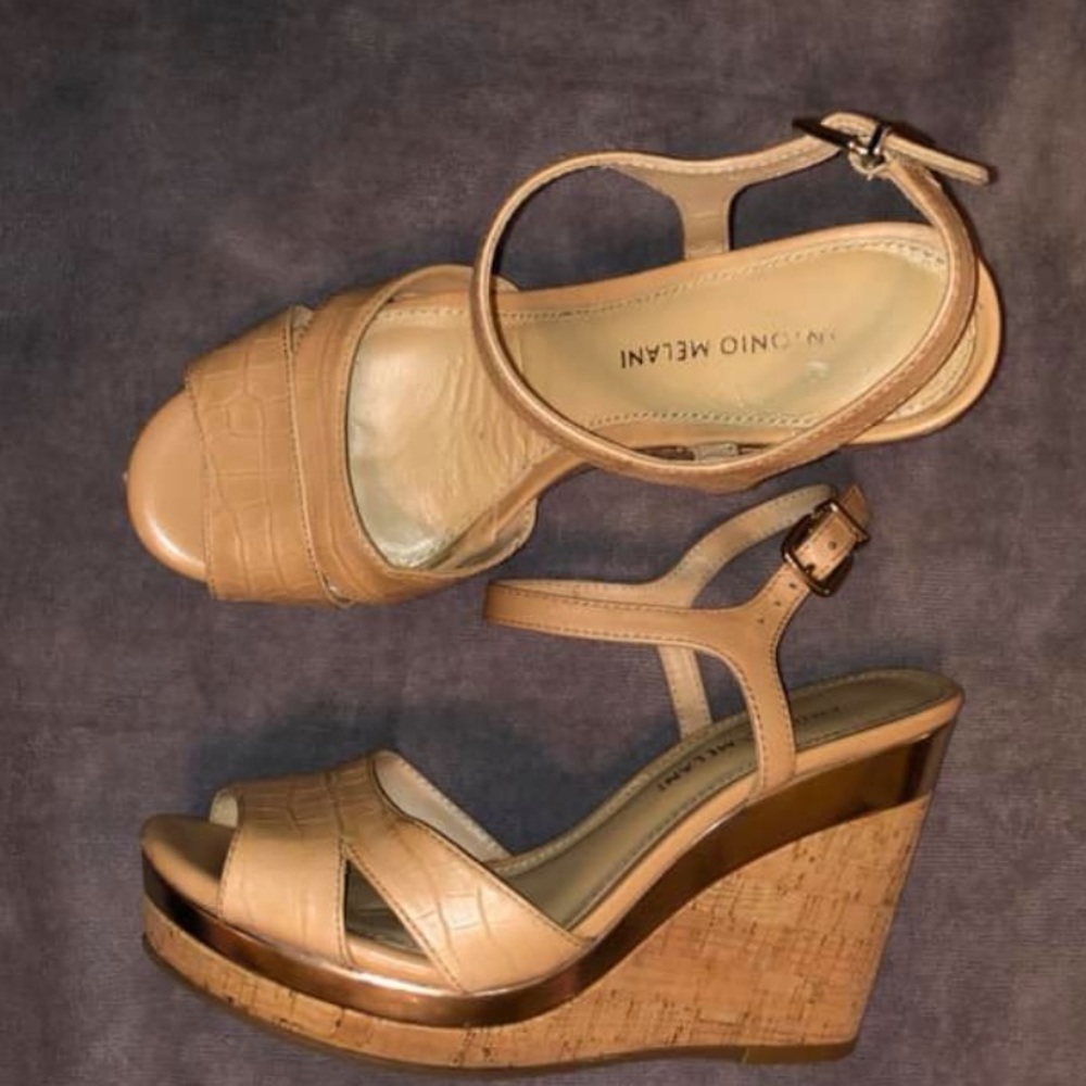 Tan and gold wedge heels